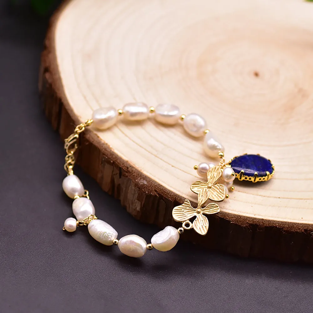 Charm Sapphire Baroque Natural Freshwater Pearl Bracelet Woman Fashion Jewelry