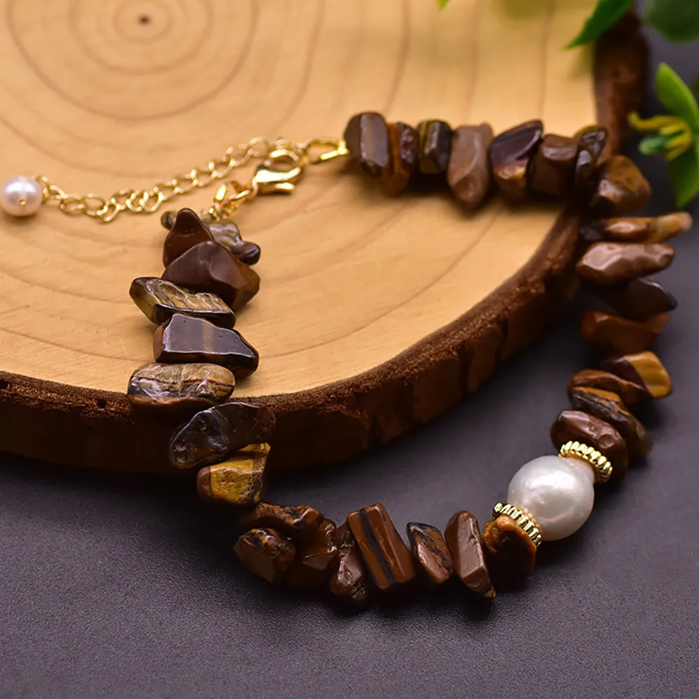 Charm Tigers Eye & Natural Freshwater Pearl Bracelet Fashion Beautiful Jewelry