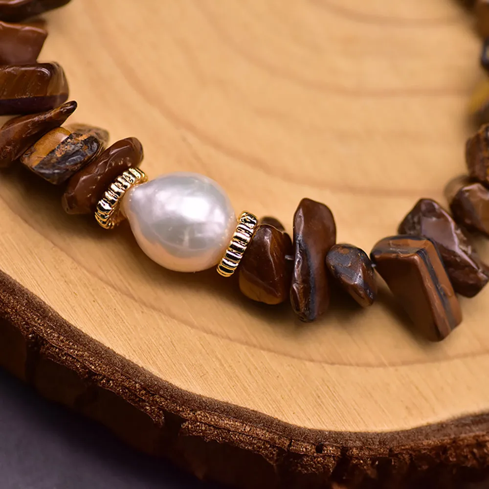 Charm Tigers Eye & Natural Freshwater Pearl Bracelet Fashion Beautiful Jewelry
