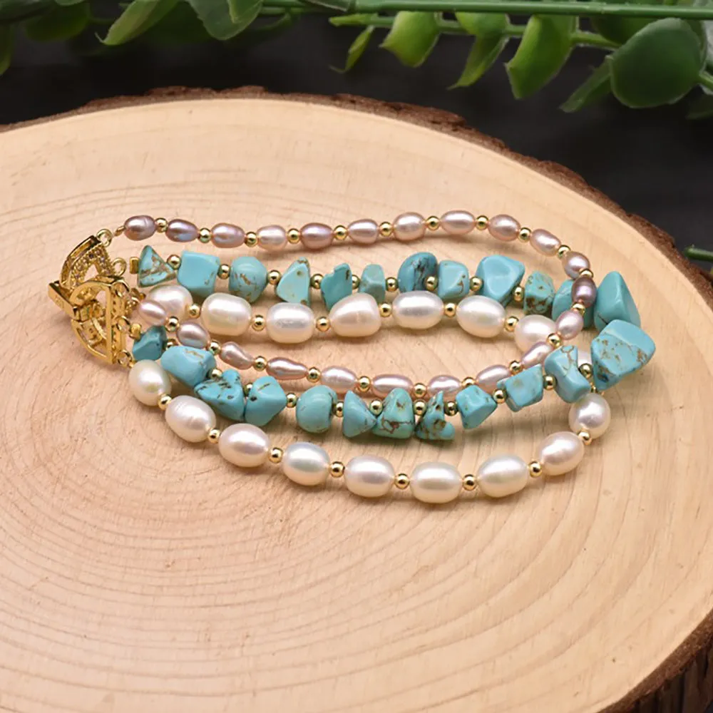 Charm Turquoise Natural Freshwater Pearl Triple Layer Bracelet Fashion Jewelry