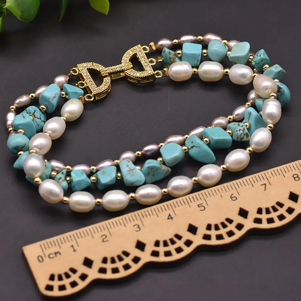 Charm Turquoise Natural Freshwater Pearl Triple Layer Bracelet Fashion Jewelry