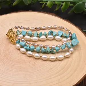 Charm Turquoise Natural Freshwater Pearl Triple Layer Bracelet Fashion Jewelry