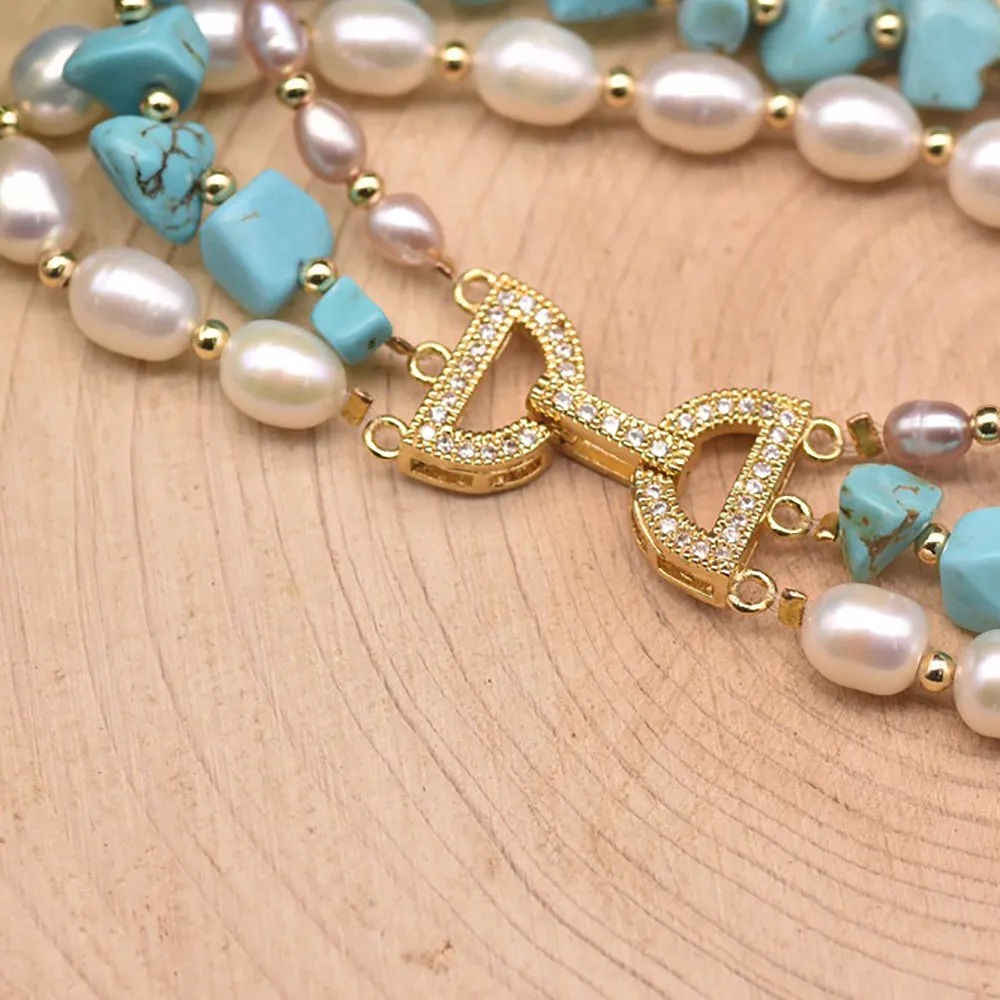 Charm Turquoise Natural Freshwater Pearl Triple Layer Bracelet Fashion Jewelry