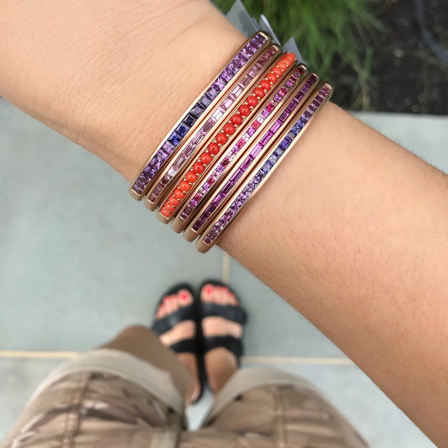Cirque Slim Oval Hinged Cuff with Purple Garnet Baguettes