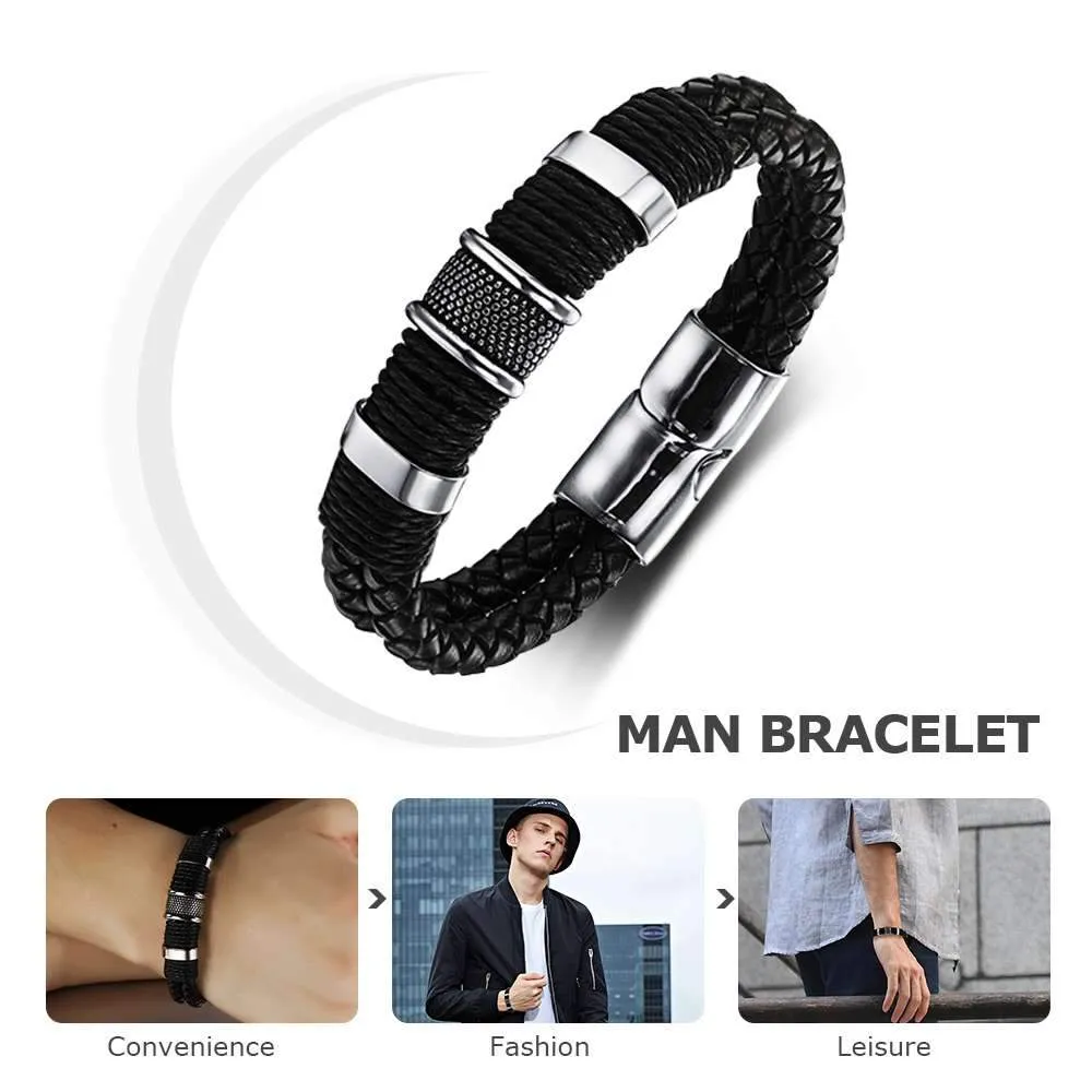Classic Bracelets for Men - Stainless Steel and Genuine Leather Wide Bracelet - Magnetic Buckle - Trendy Design - Great Gift