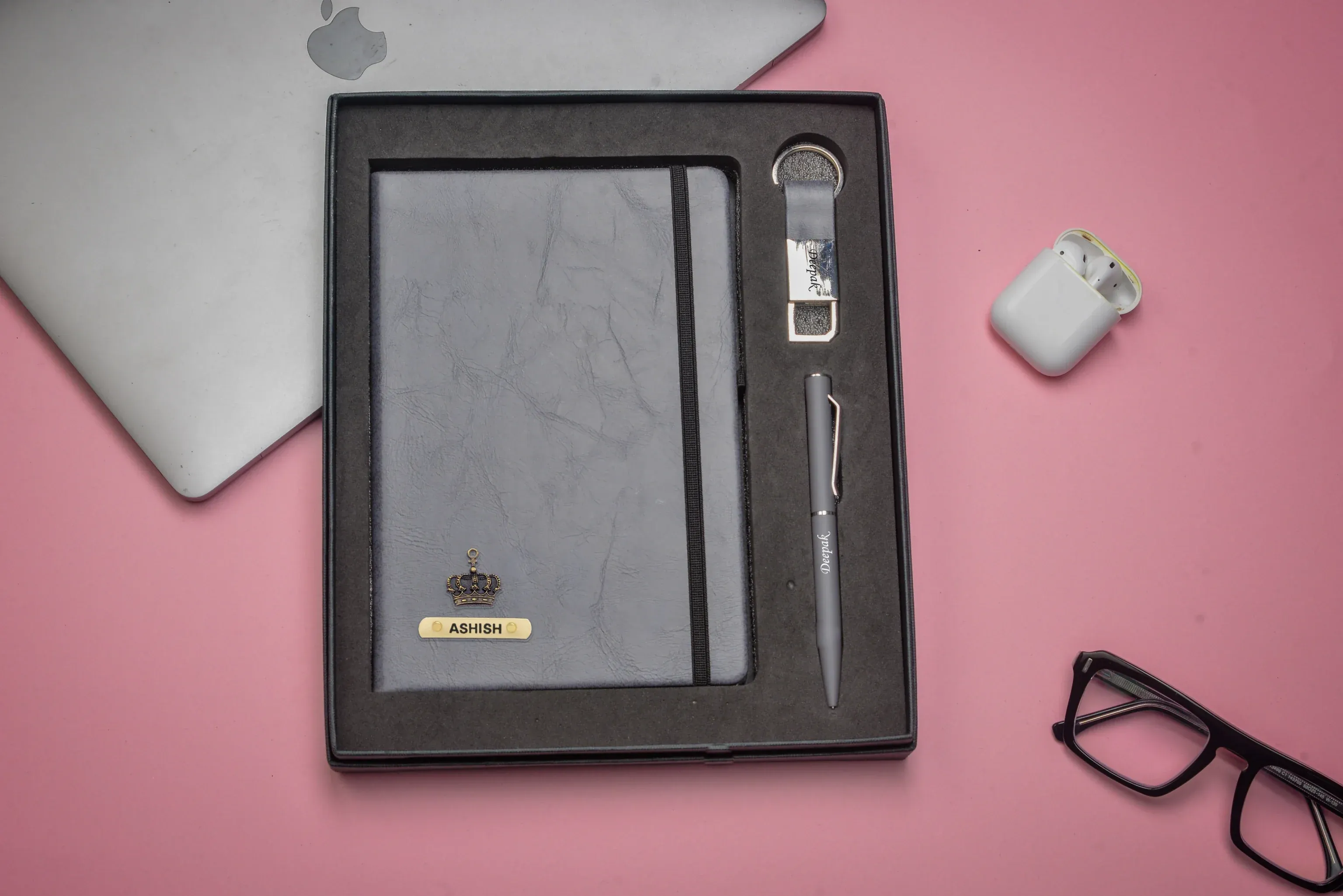 Classy Hardcover Diary   Classic Metal Pen   Classy Leather Metal Keychain - Grey