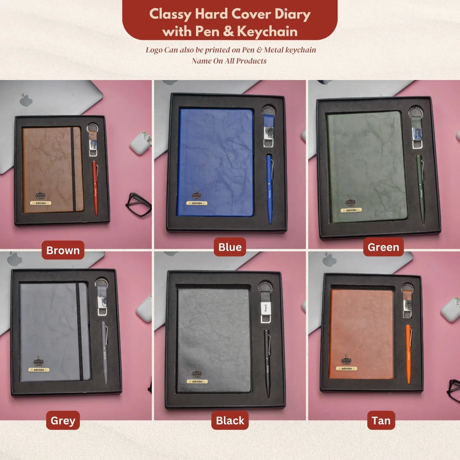 Classy Hardcover Diary   Classic Metal Pen   Classy Leather Metal Keychain - Grey