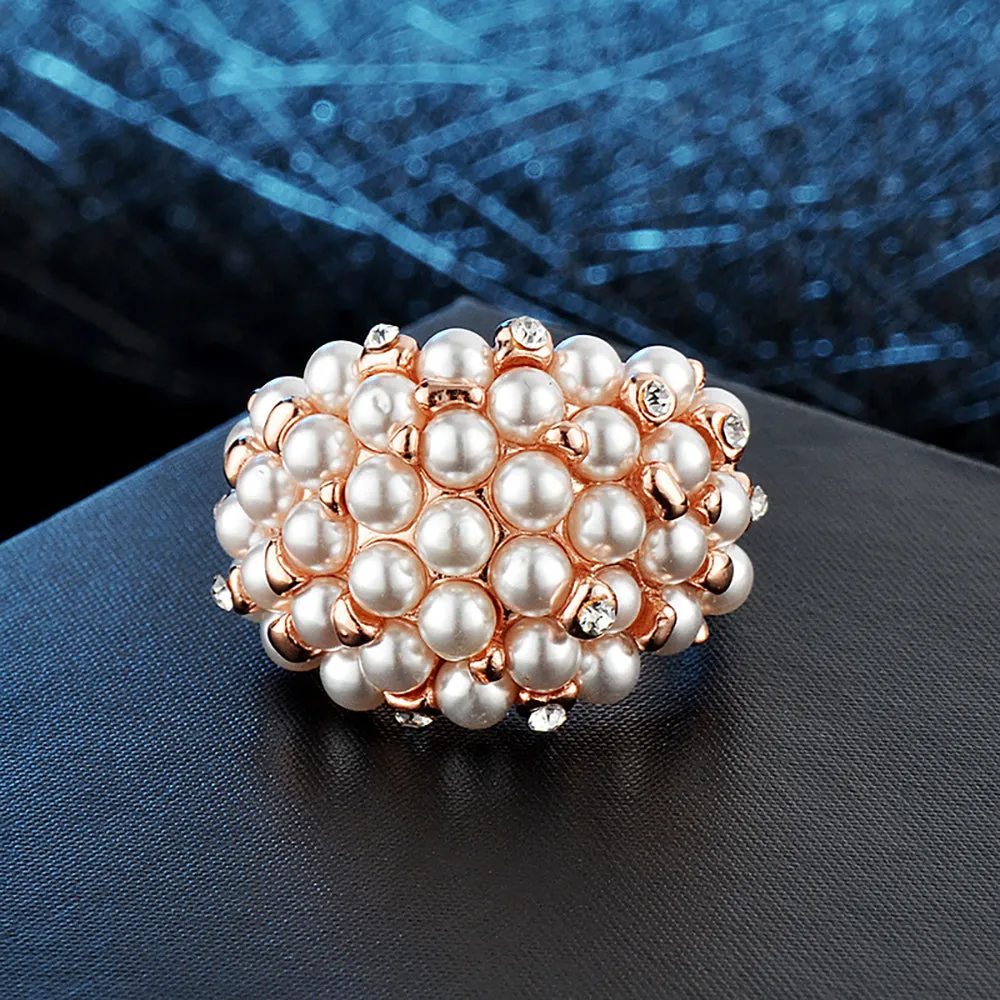 Cluster Round Pearl Beautiful Ring Rose Gold Plated Women Fashion Jewelry Gift Size 6-9