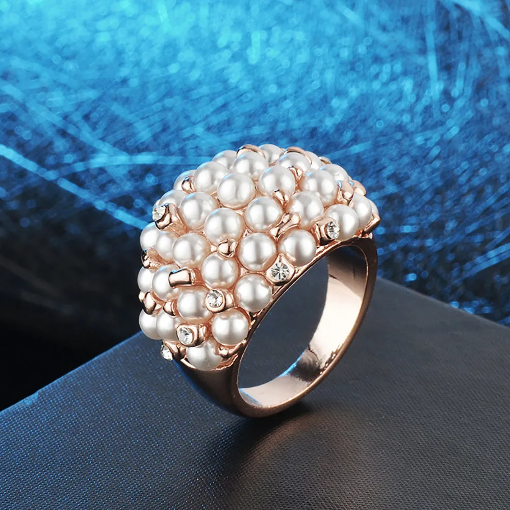 Cluster Round Pearl Beautiful Ring Rose Gold Plated Women Fashion Jewelry Gift Size 6-9