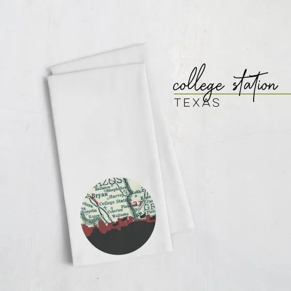 College Station, Texas city skyline with vintage College Station map