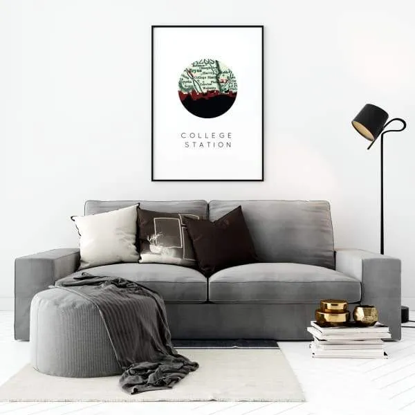 College Station, Texas city skyline with vintage College Station map