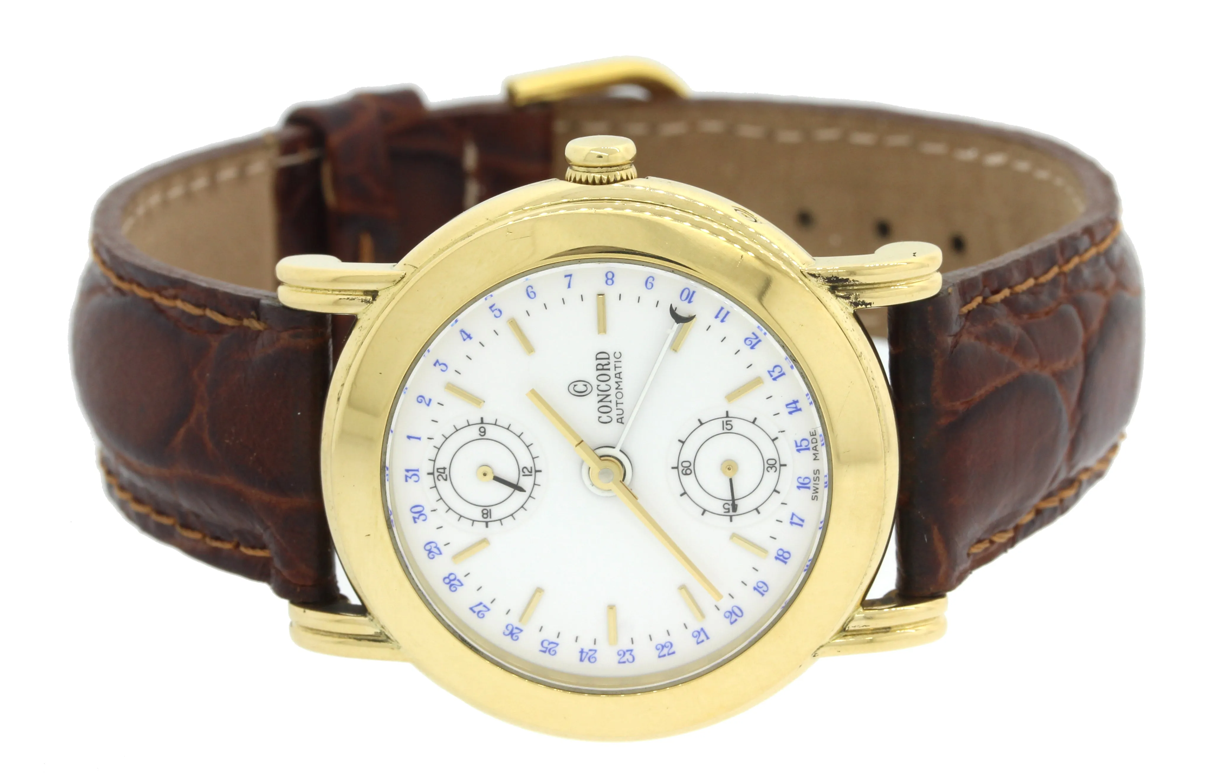 Concord Solid 18k Gold 50B2210 24 Hour Date Automatic 36mm White Watch B&P