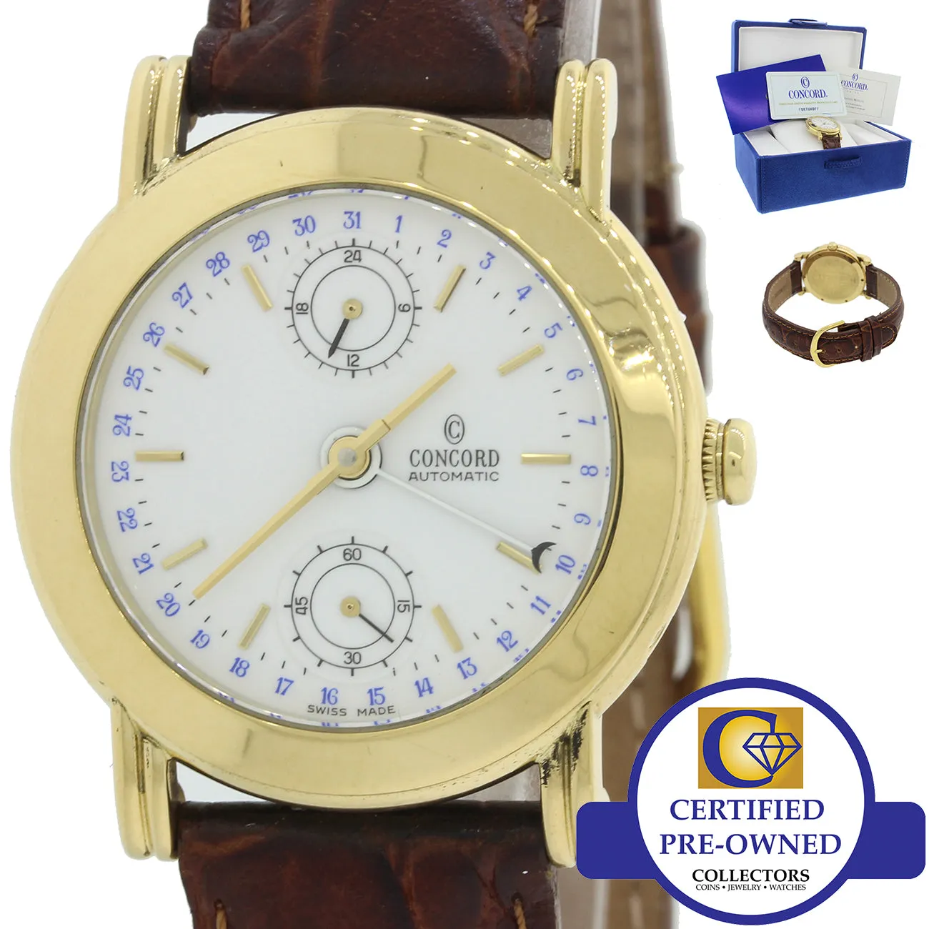 Concord Solid 18k Gold 50B2210 24 Hour Date Automatic 36mm White Watch B&P
