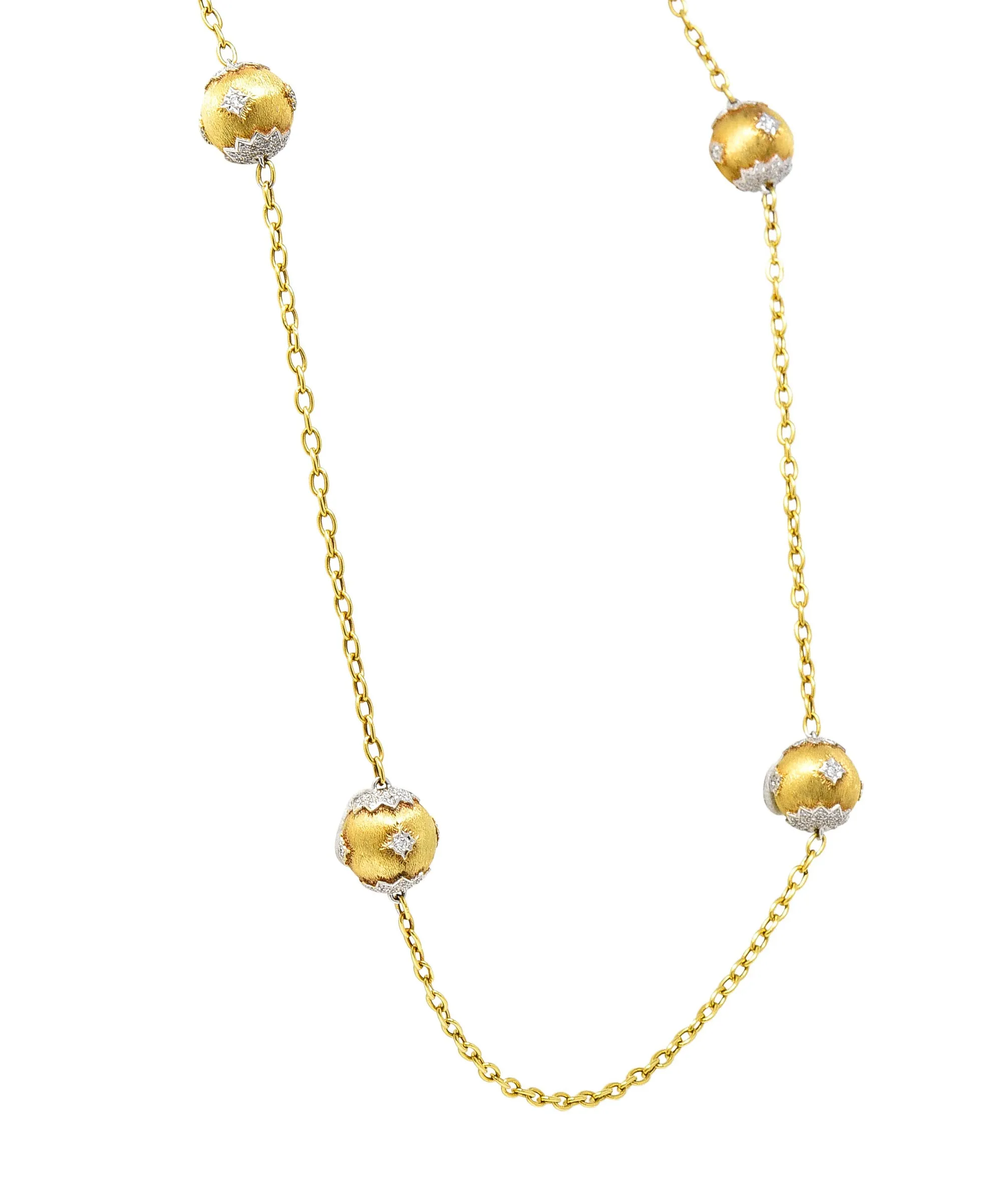 Contemporary 3.60 CTW Diamond Platinum 18 Karat Yellow Gold Lacey Sphere Station Chain Necklace