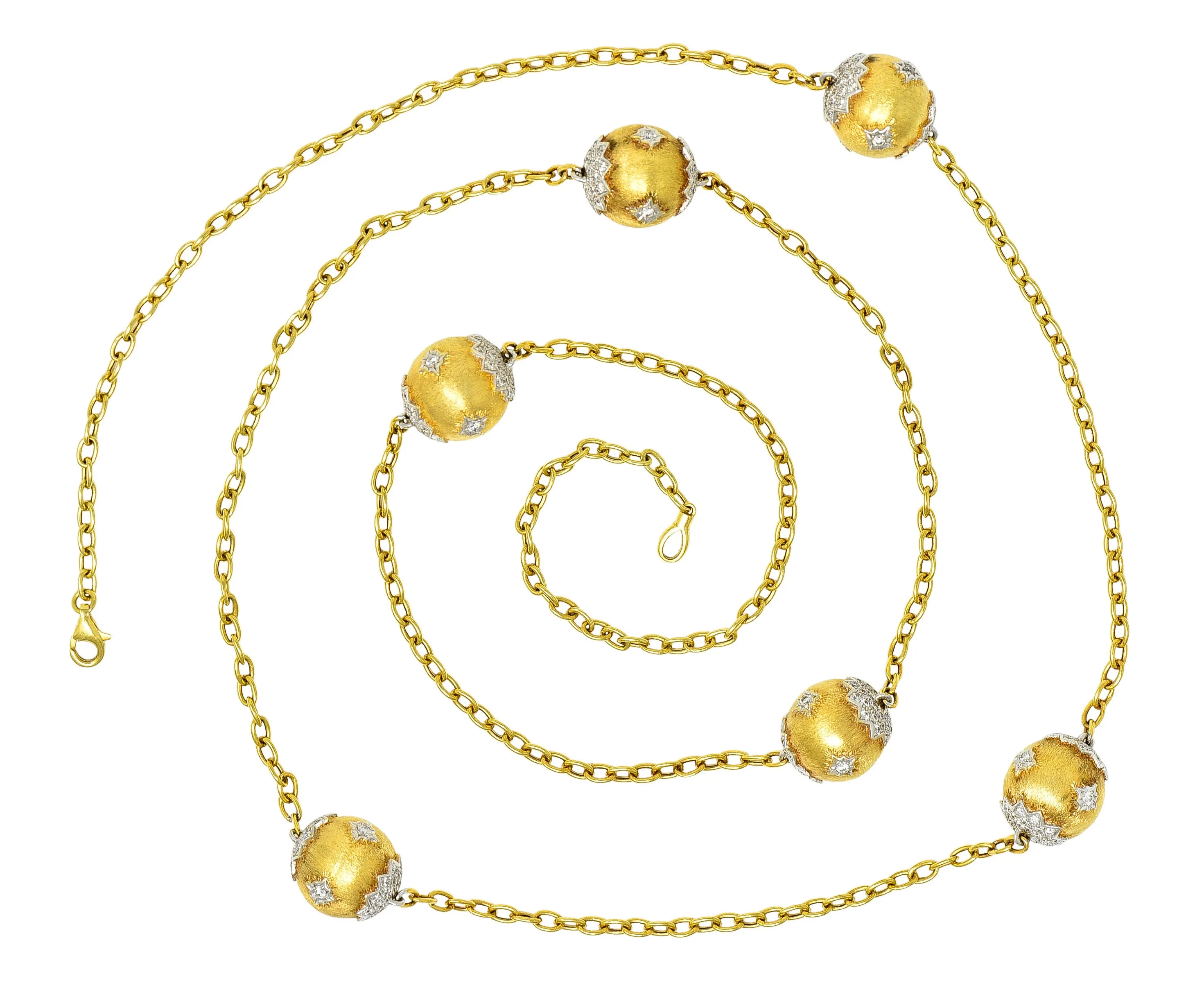 Contemporary 3.60 CTW Diamond Platinum 18 Karat Yellow Gold Lacey Sphere Station Chain Necklace