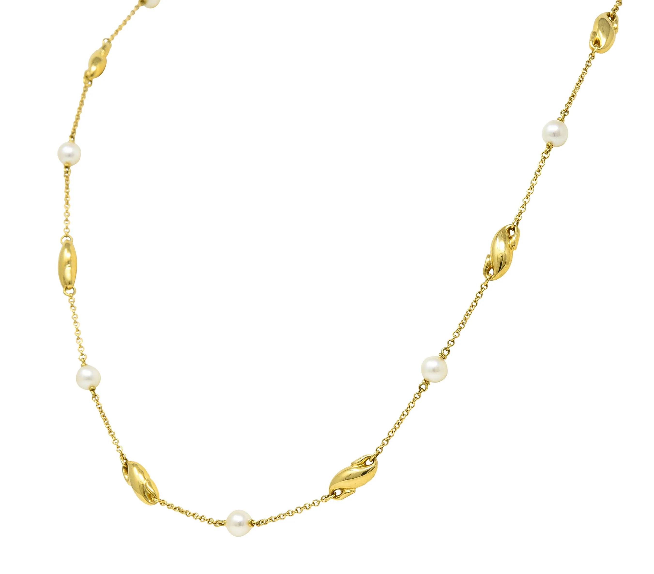 Contemporary Cultured Pearl 18 Karat Gold Station Chain Necklace