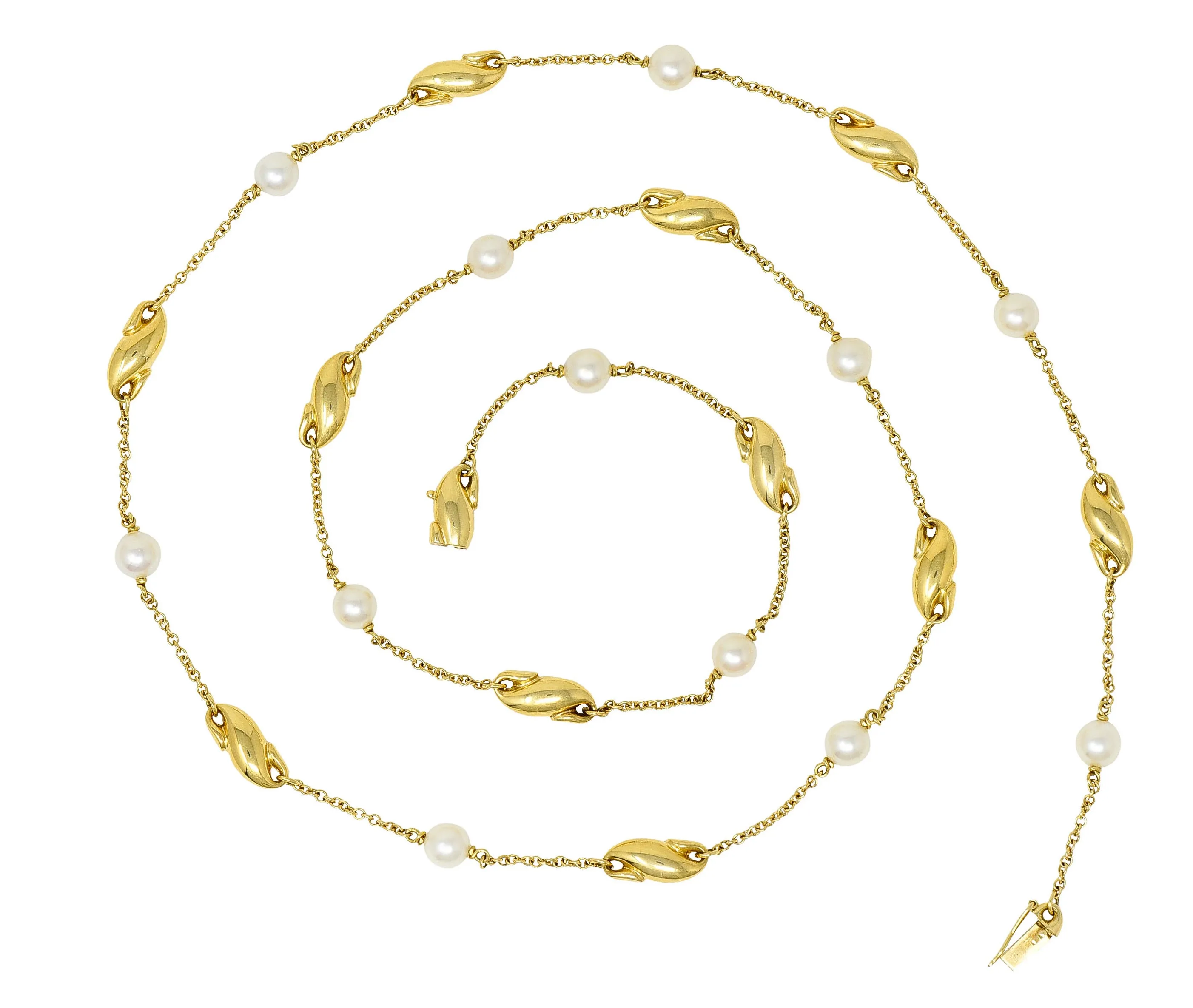 Contemporary Cultured Pearl 18 Karat Gold Station Chain Necklace