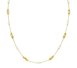 Contemporary Cultured Pearl 18 Karat Gold Station Chain Necklace