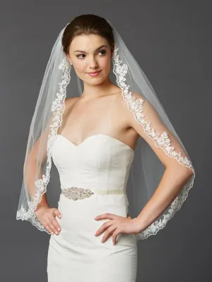 Crystal & Beads Scalloped Lace Fingertip Mantilla Veil