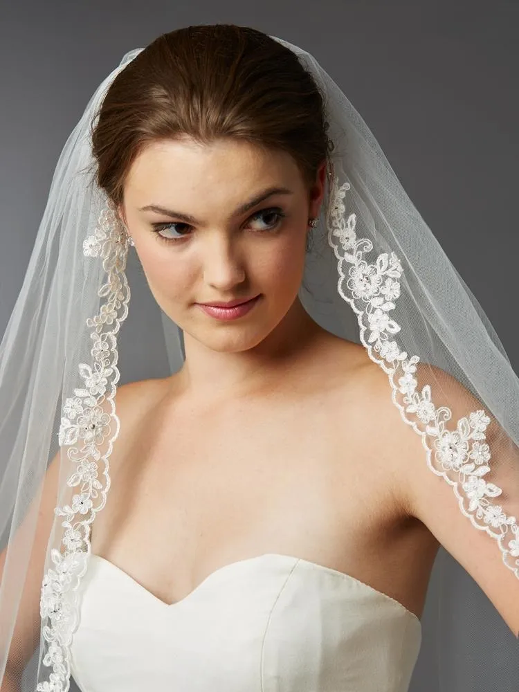 Crystal & Beads Scalloped Lace Fingertip Mantilla Veil