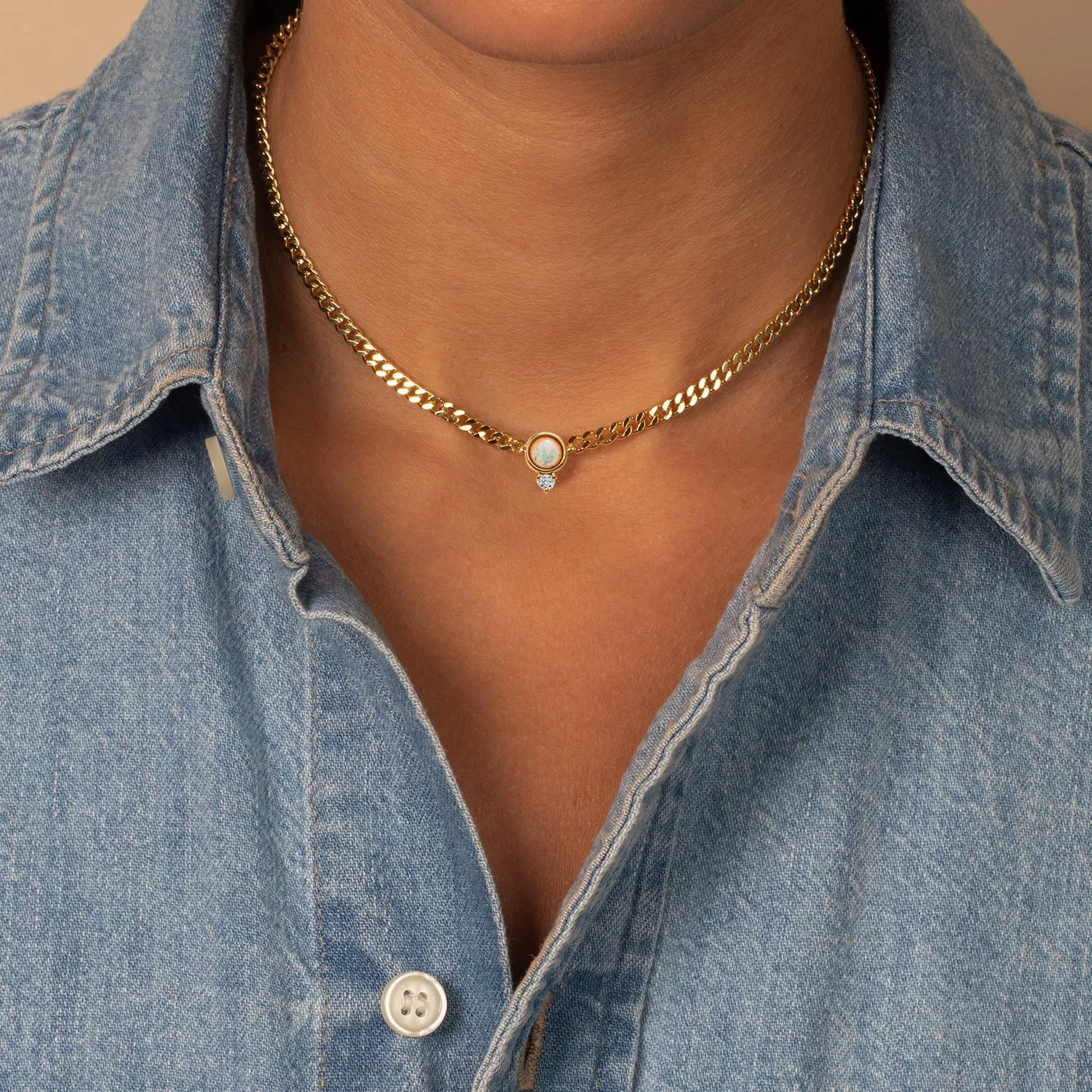 CZ X Opal Cuban Link Pendant Necklace