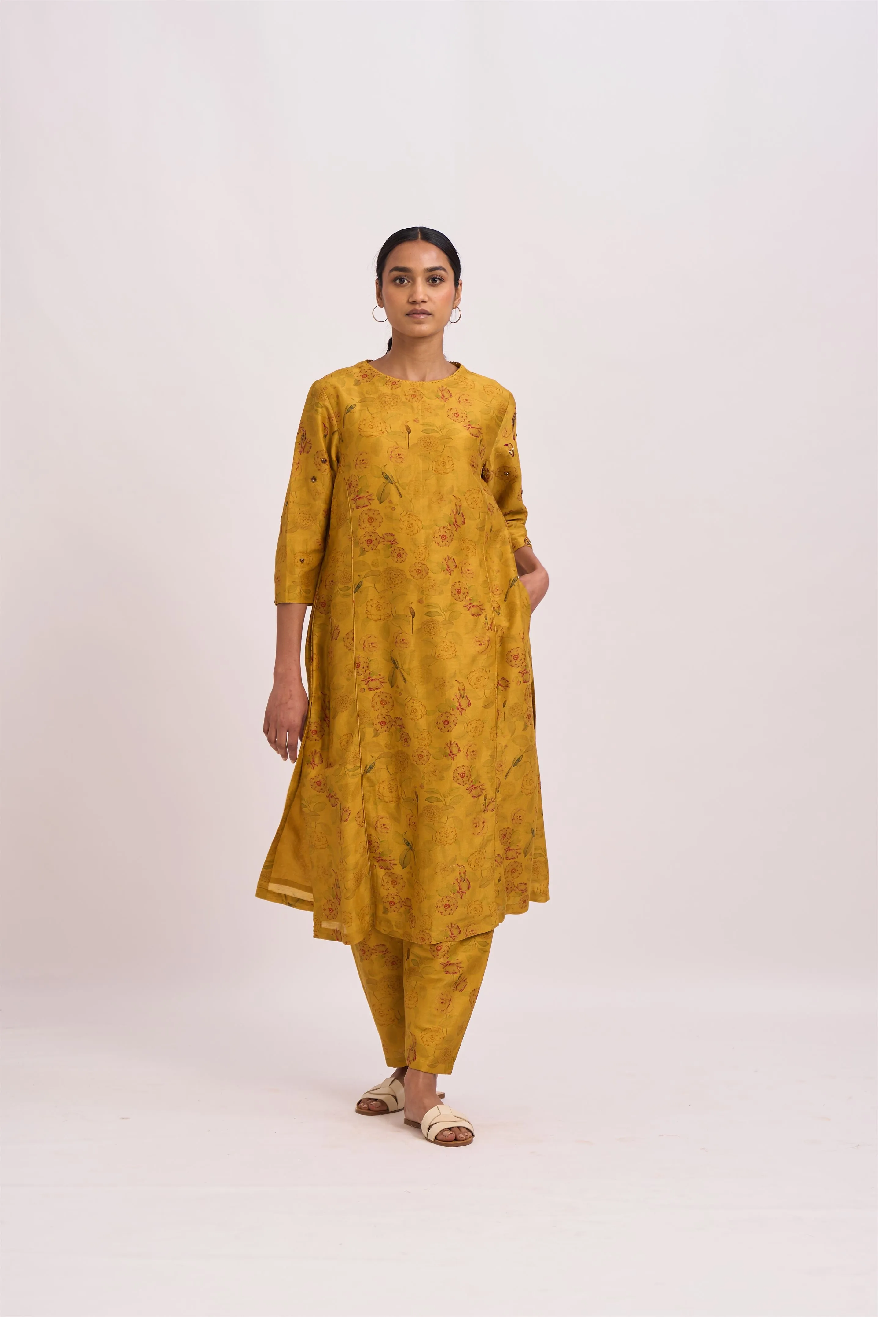 Dot   I   Mridul Quoz Kurta Set  Chanderi Printed Kurta and Pant. Mustard SS24-ES-M