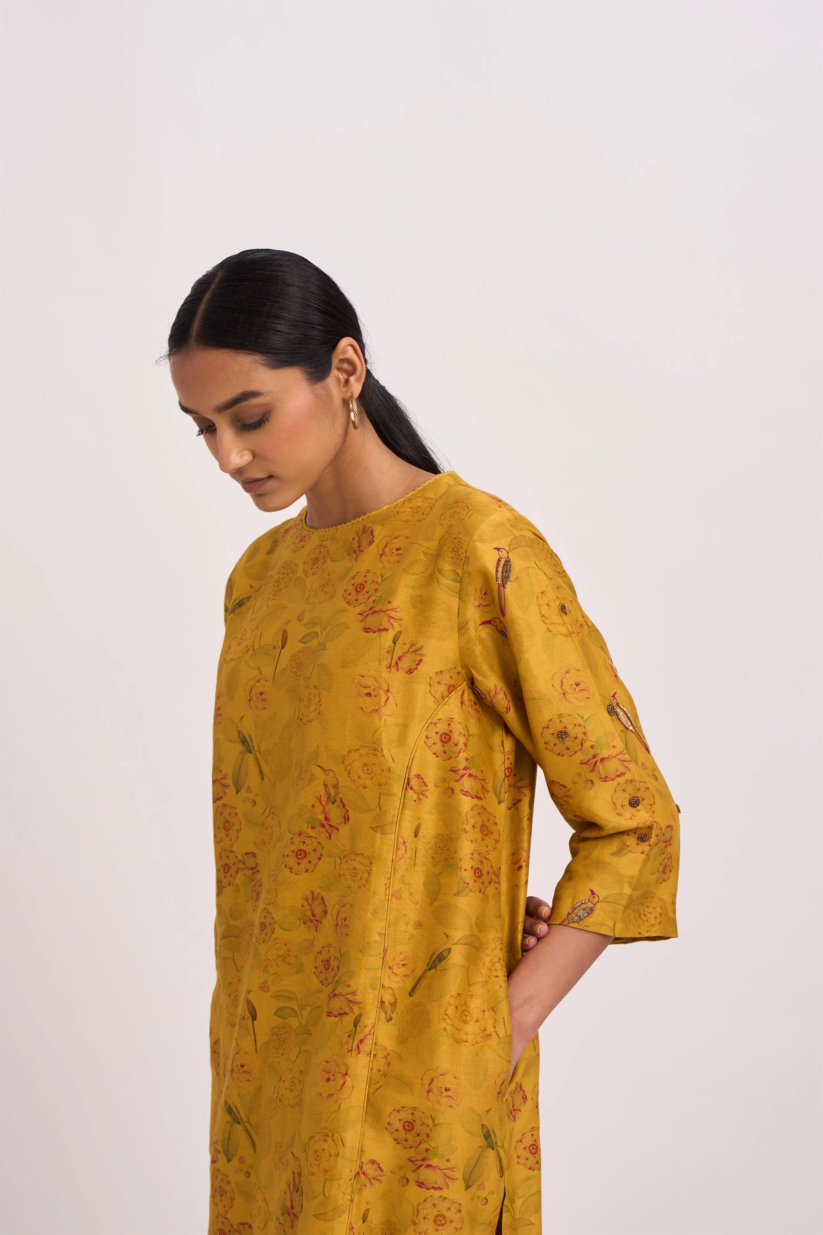 Dot   I   Mridul Quoz Kurta Set  Chanderi Printed Kurta and Pant. Mustard SS24-ES-M