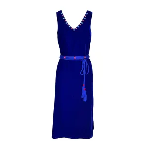 Dress with Slit in Royal Blue Velvet And Blue Silk Belt