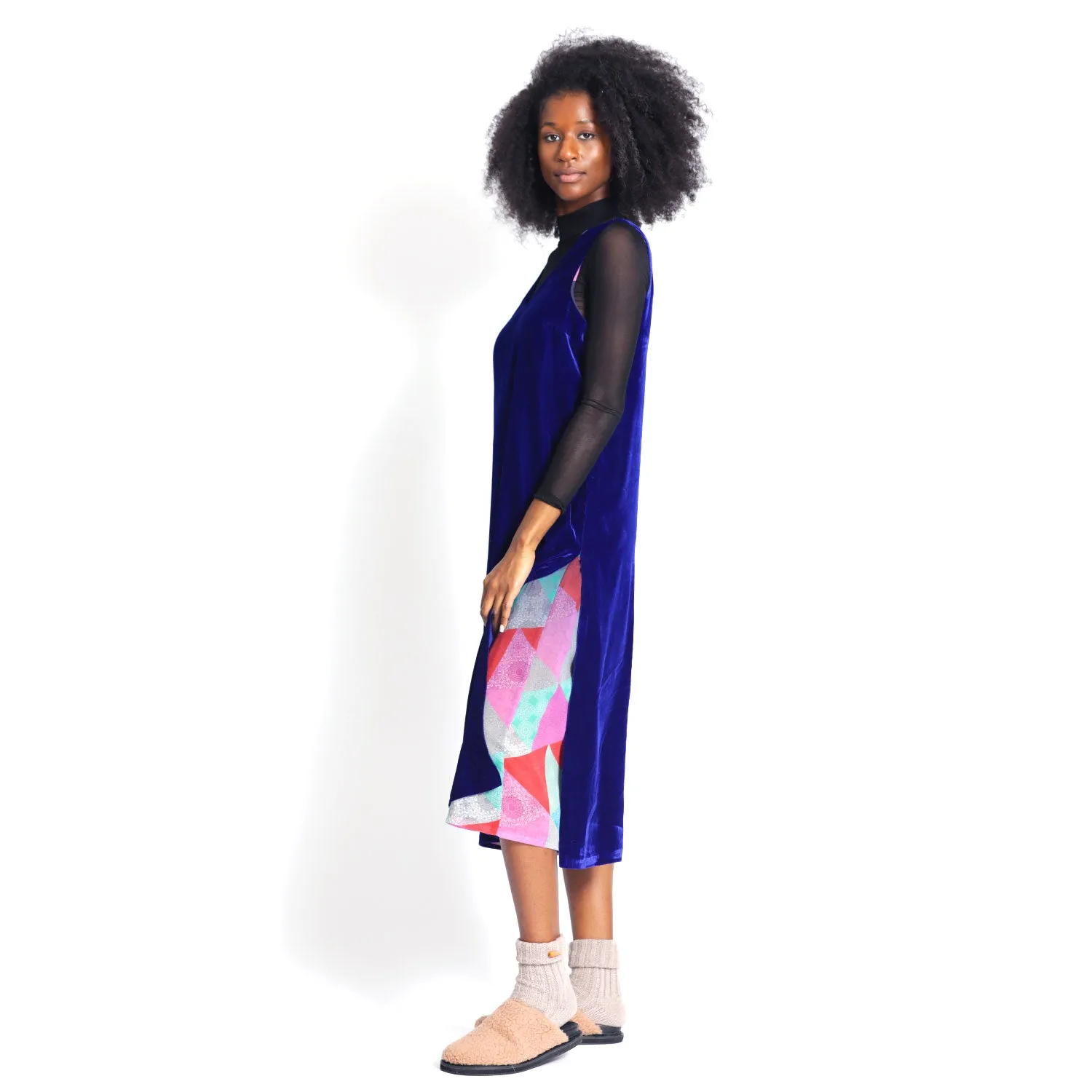 Dress with Slit in Royal Blue Velvet And Blue Silk Belt