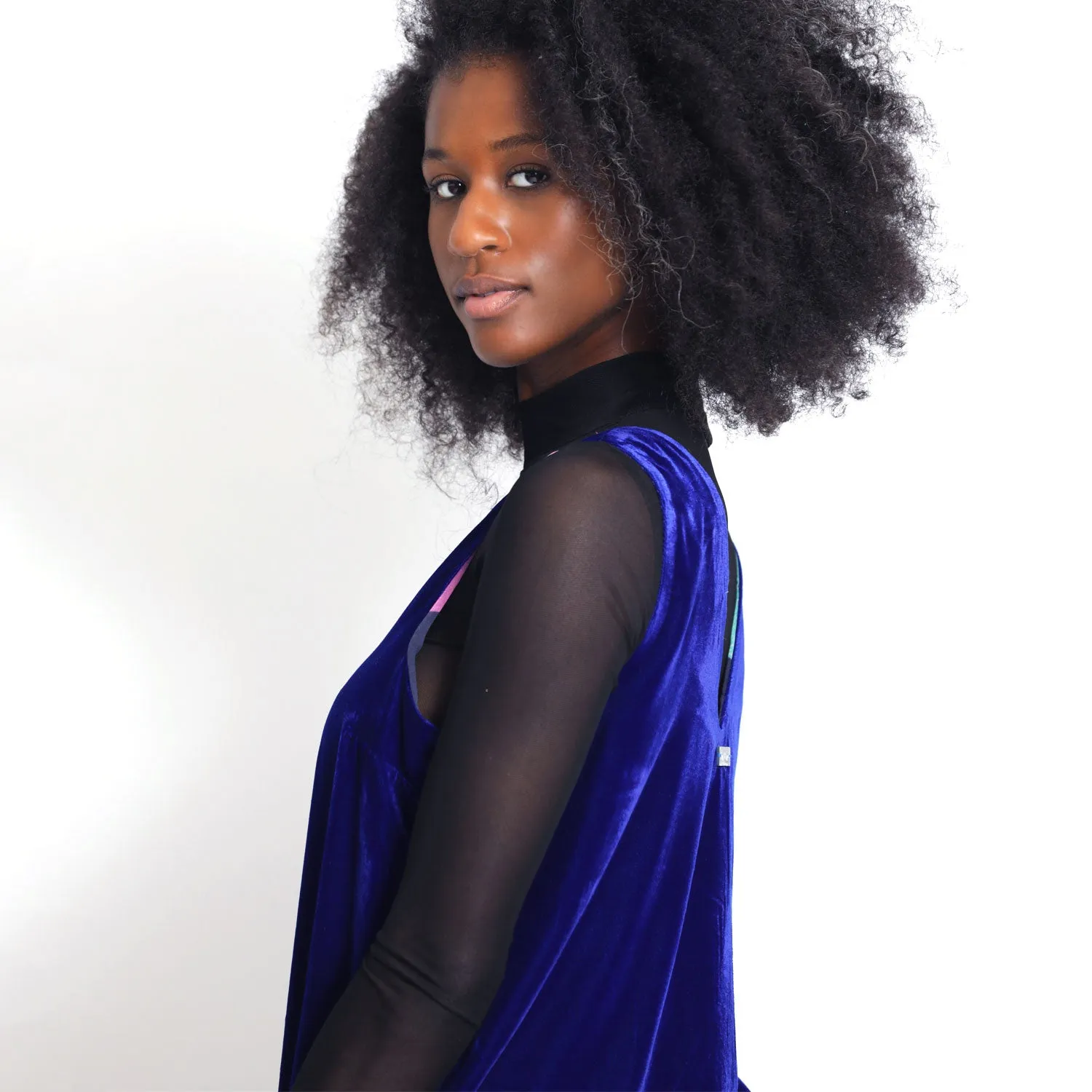 Dress with Slit in Royal Blue Velvet And Blue Silk Belt