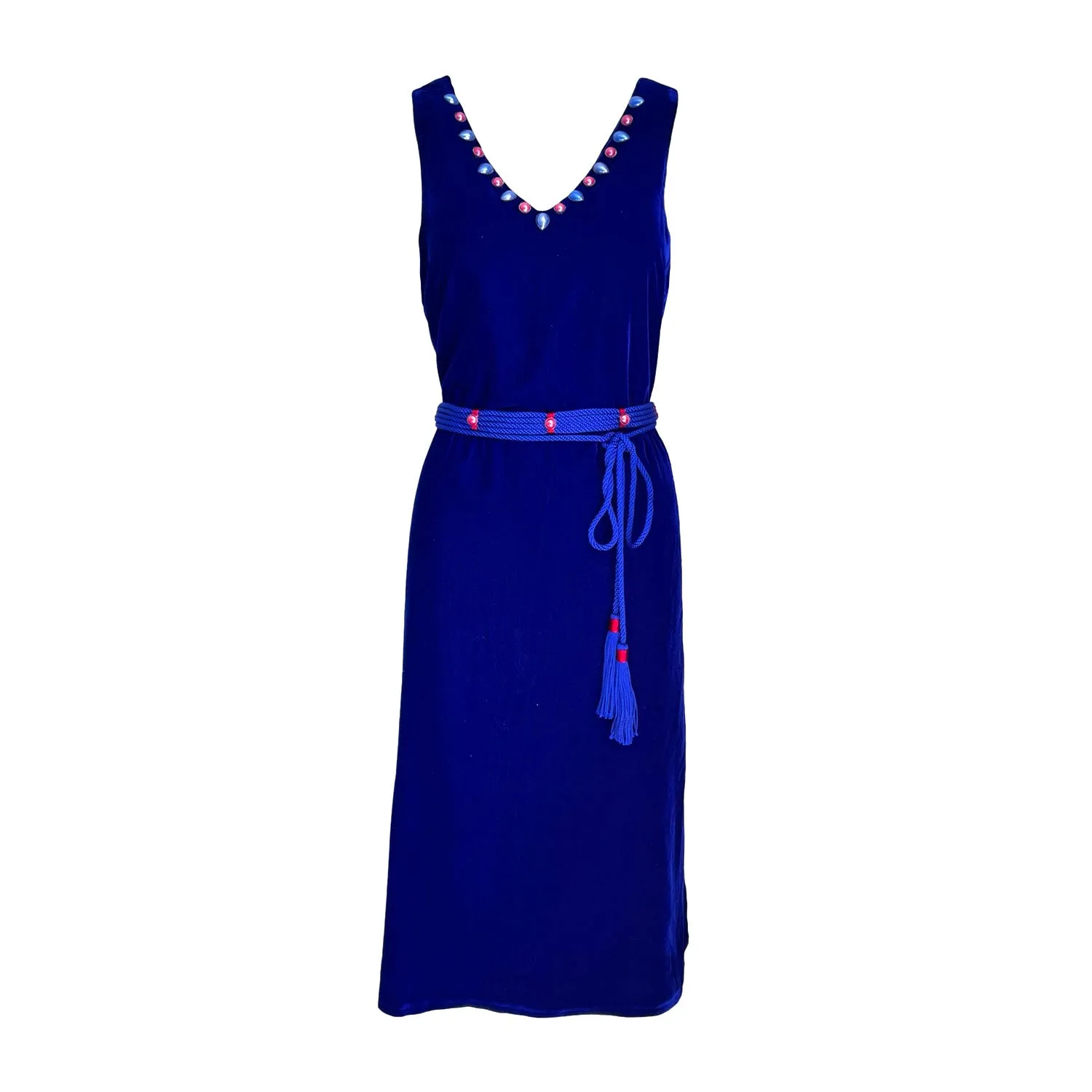 Dress with Slit in Royal Blue Velvet And Blue Silk Belt
