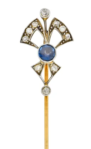 Edwardian 1.06 CTW Sapphire Diamond Platinum-Topped 14 Karat White Gold Bow Stickpin
