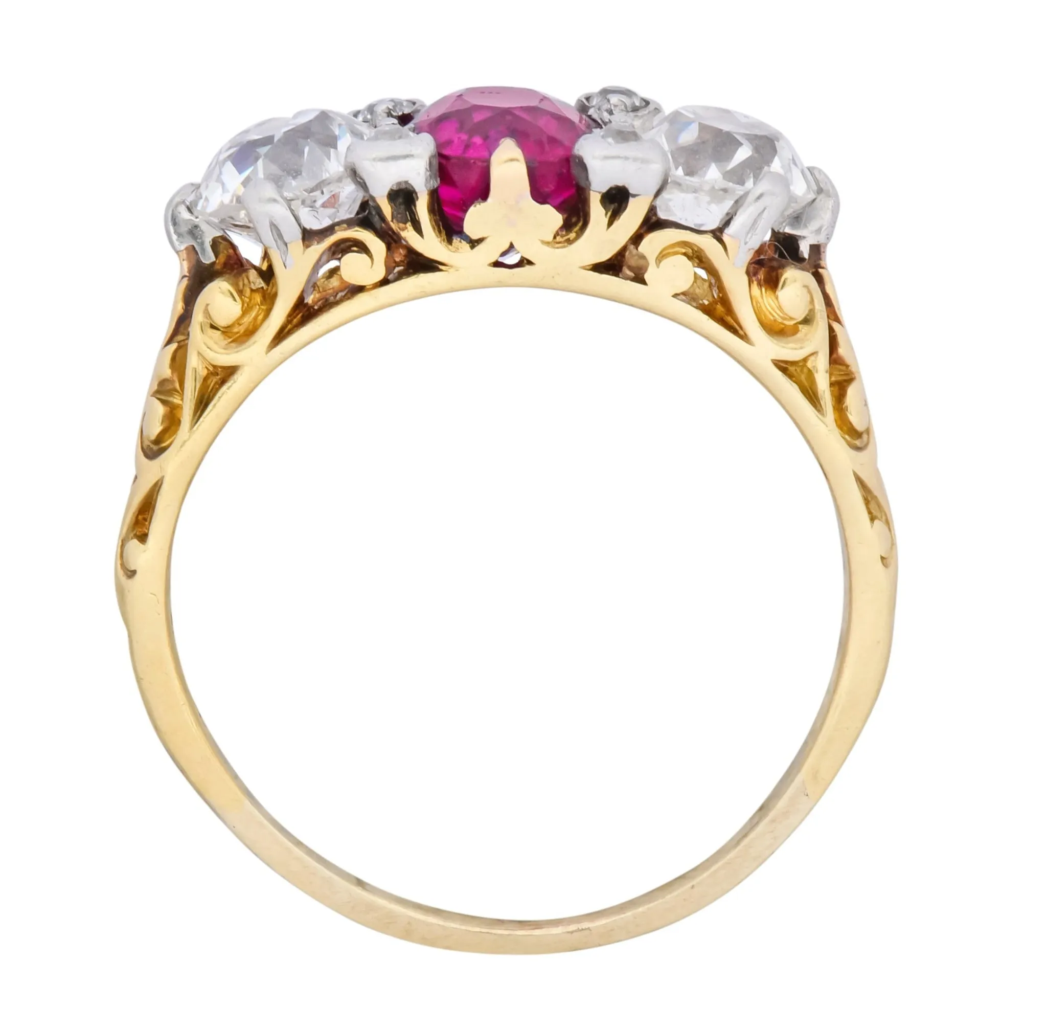 Edwardian 2.48 CTW Burma Ruby Diamond 18 Karat Gold Platinum Three Stone Ring