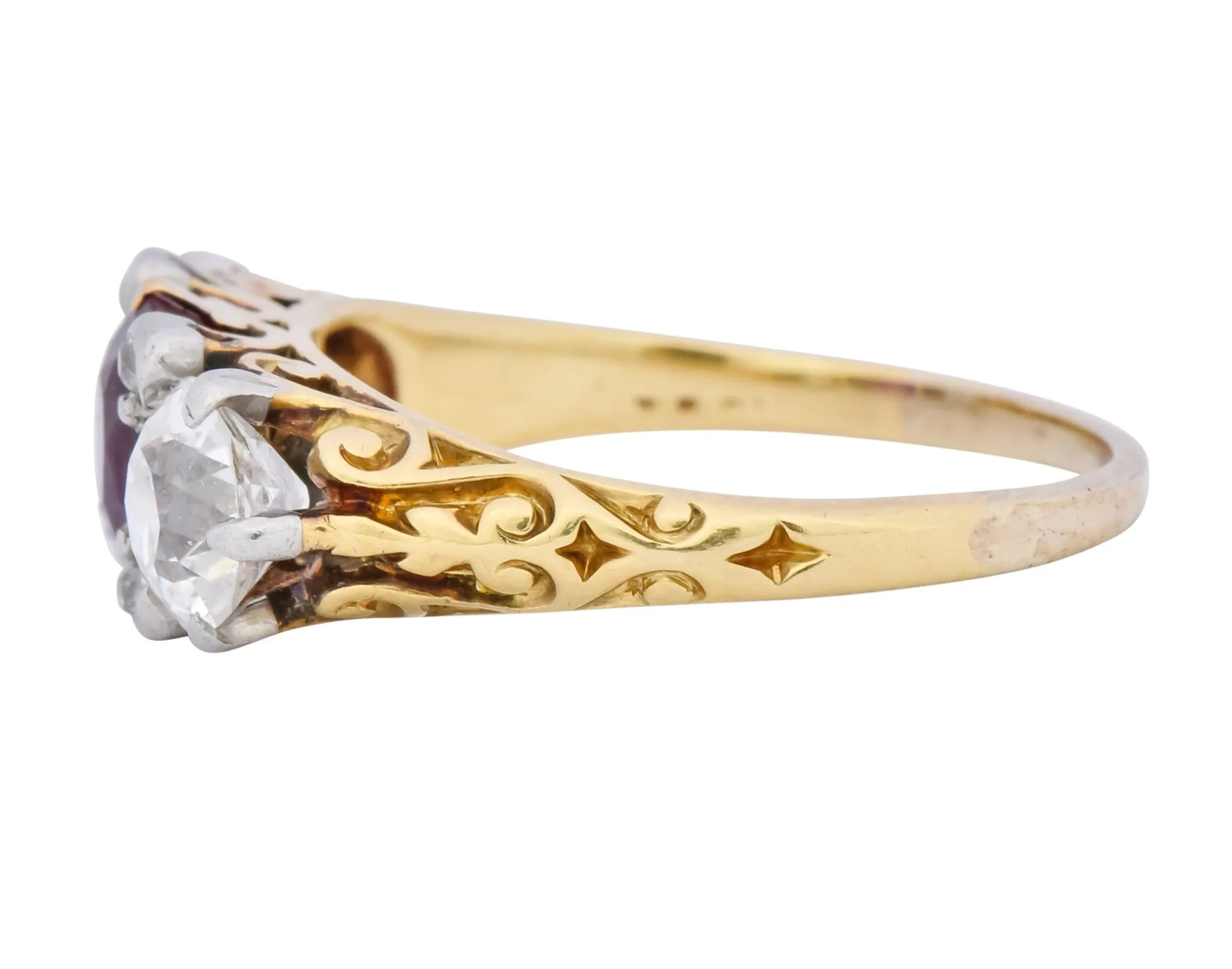 Edwardian 2.48 CTW Burma Ruby Diamond 18 Karat Gold Platinum Three Stone Ring