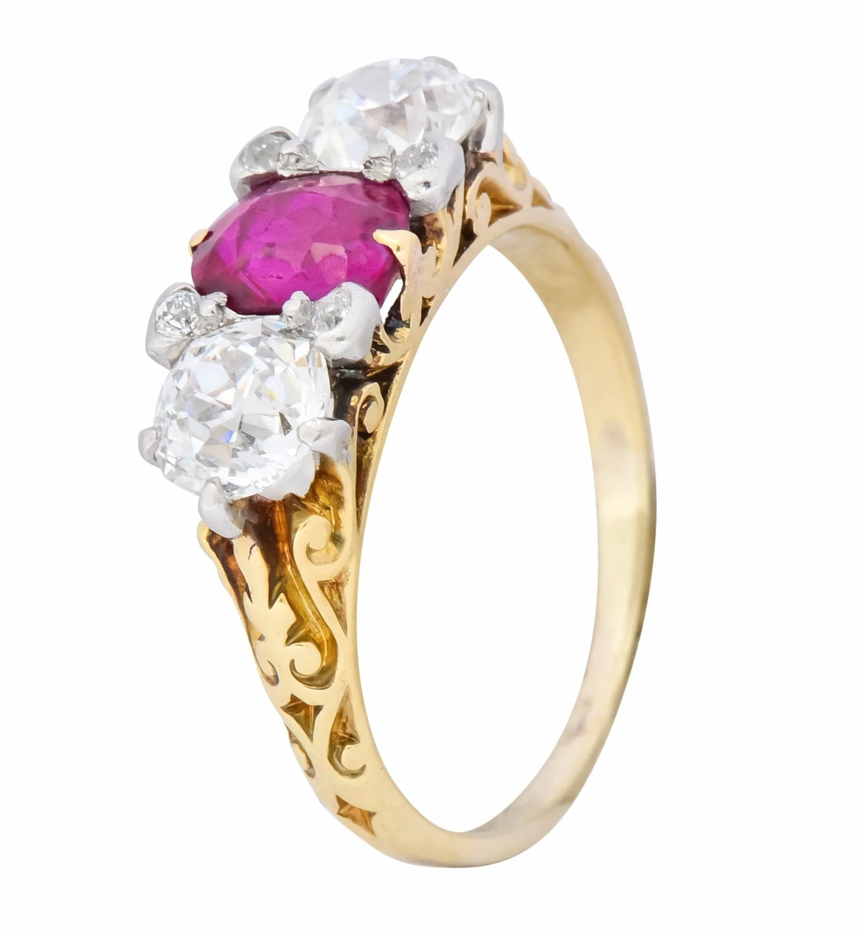 Edwardian 2.48 CTW Burma Ruby Diamond 18 Karat Gold Platinum Three Stone Ring