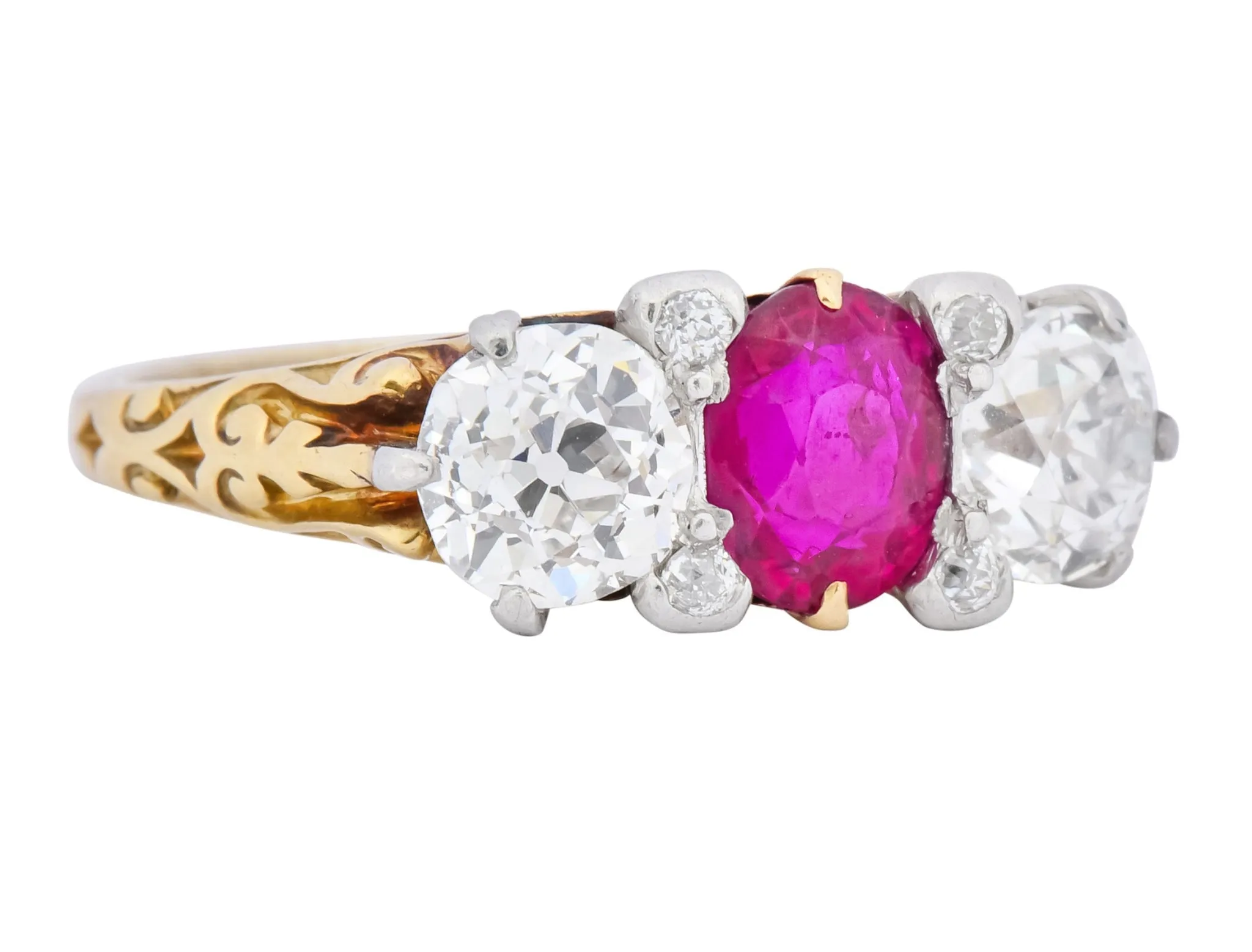 Edwardian 2.48 CTW Burma Ruby Diamond 18 Karat Gold Platinum Three Stone Ring