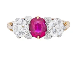 Edwardian 2.48 CTW Burma Ruby Diamond 18 Karat Gold Platinum Three Stone Ring