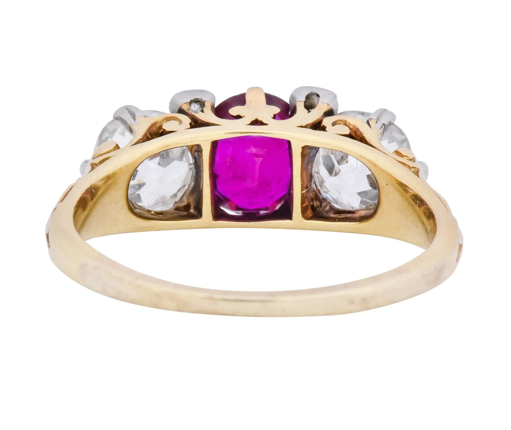 Edwardian 2.48 CTW Burma Ruby Diamond 18 Karat Gold Platinum Three Stone Ring