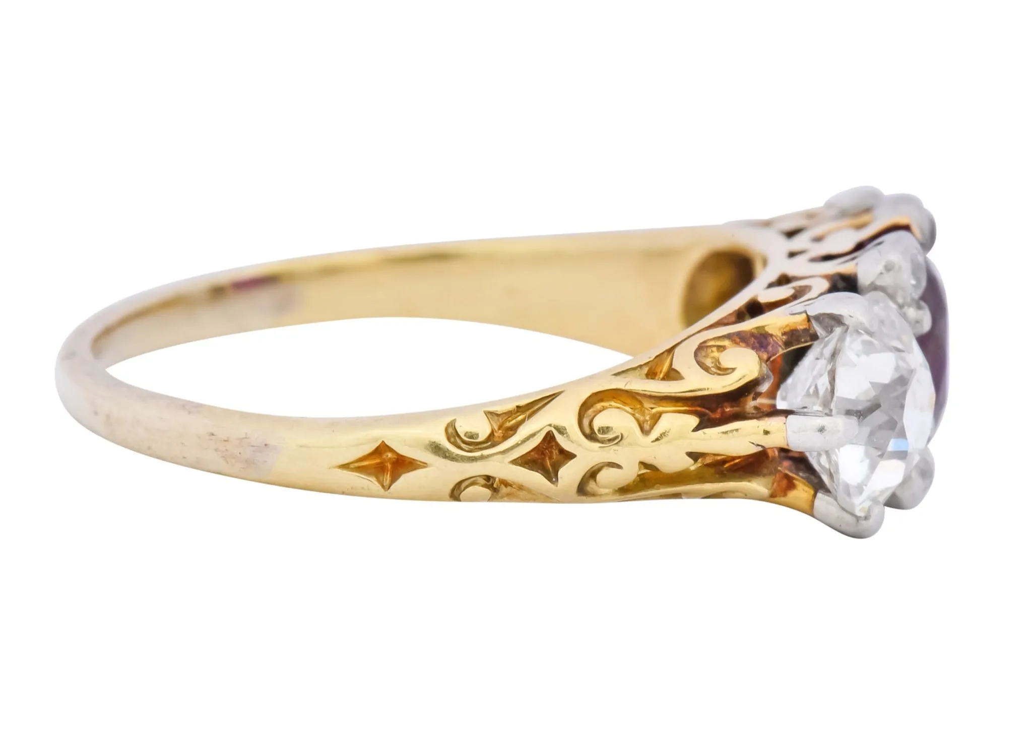 Edwardian 2.48 CTW Burma Ruby Diamond 18 Karat Gold Platinum Three Stone Ring