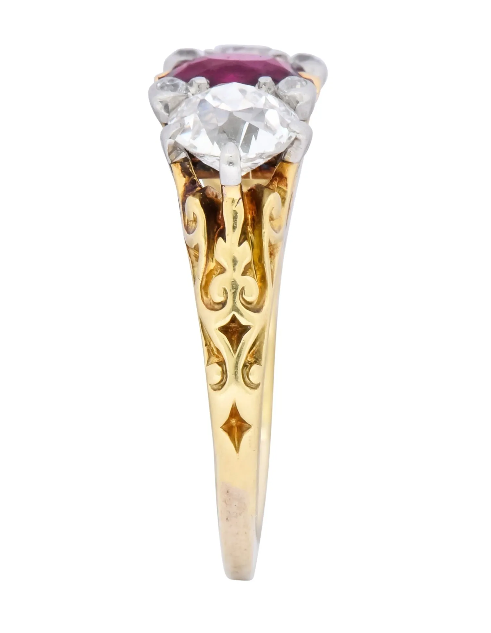 Edwardian 2.48 CTW Burma Ruby Diamond 18 Karat Gold Platinum Three Stone Ring