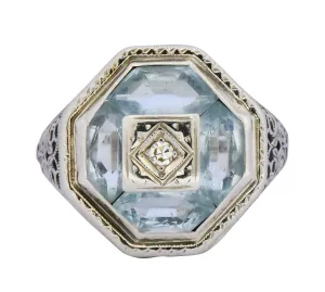 Edwardian Aquamarine Diamond 14 Karat White Gold Dinner Ring