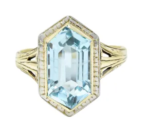 Edwardian Aquamarine Platinum-Topped 14 Karat Gold Hexagonal Ring