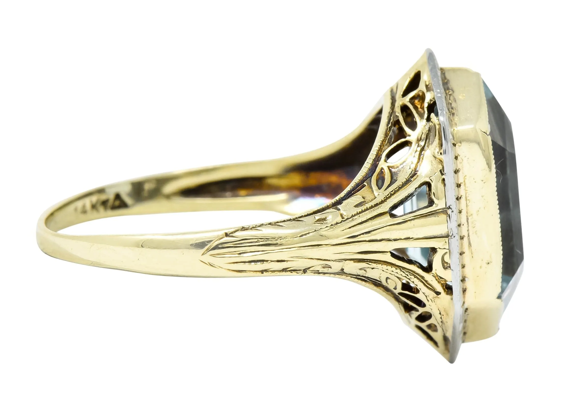 Edwardian Aquamarine Platinum-Topped 14 Karat Gold Hexagonal Ring