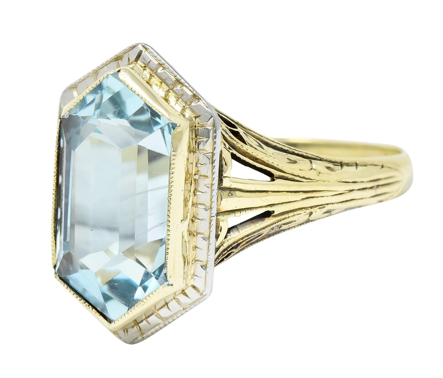 Edwardian Aquamarine Platinum-Topped 14 Karat Gold Hexagonal Ring