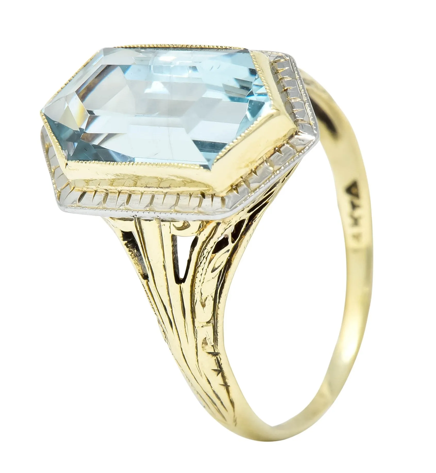 Edwardian Aquamarine Platinum-Topped 14 Karat Gold Hexagonal Ring