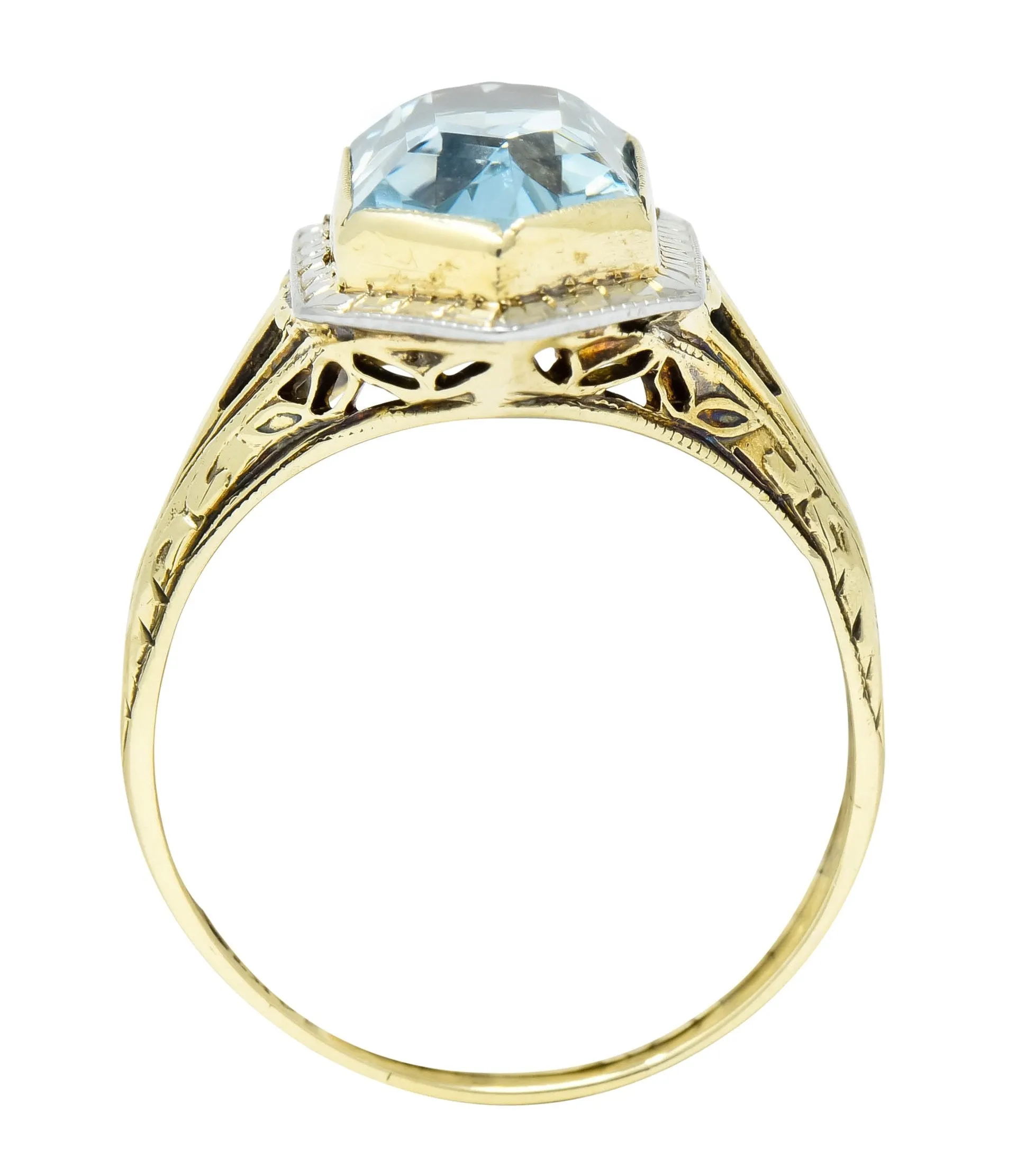 Edwardian Aquamarine Platinum-Topped 14 Karat Gold Hexagonal Ring