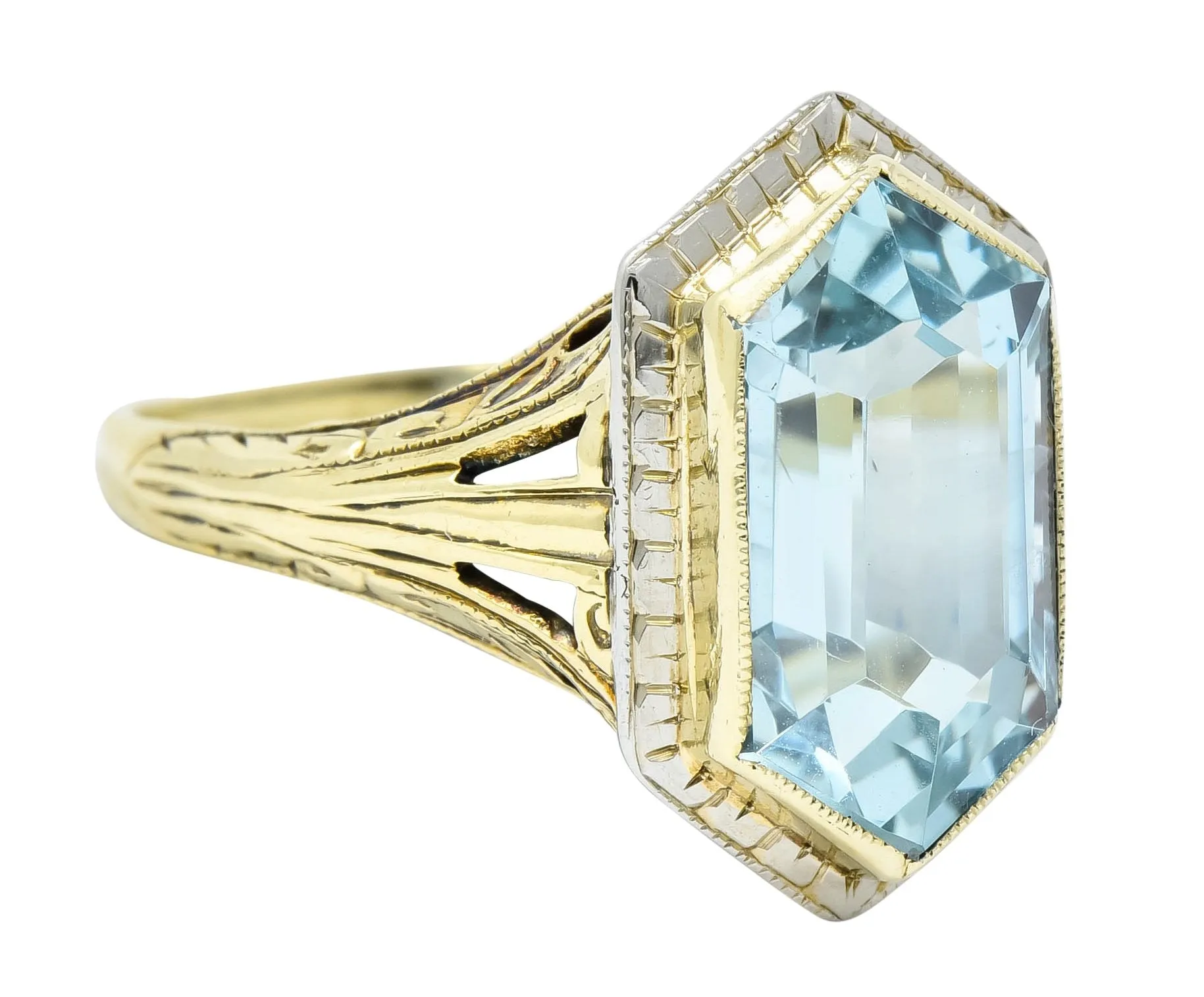 Edwardian Aquamarine Platinum-Topped 14 Karat Gold Hexagonal Ring