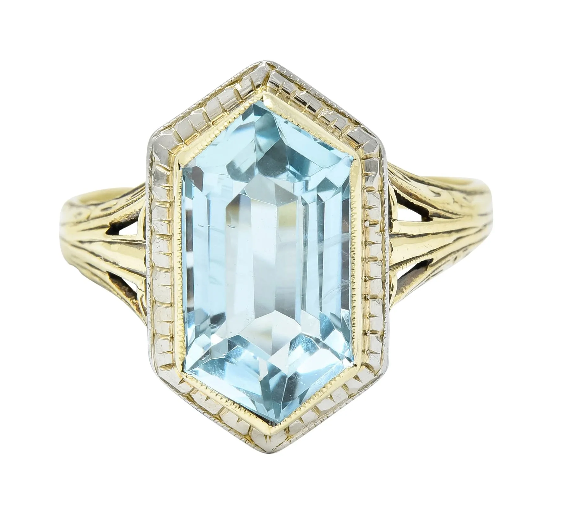 Edwardian Aquamarine Platinum-Topped 14 Karat Gold Hexagonal Ring