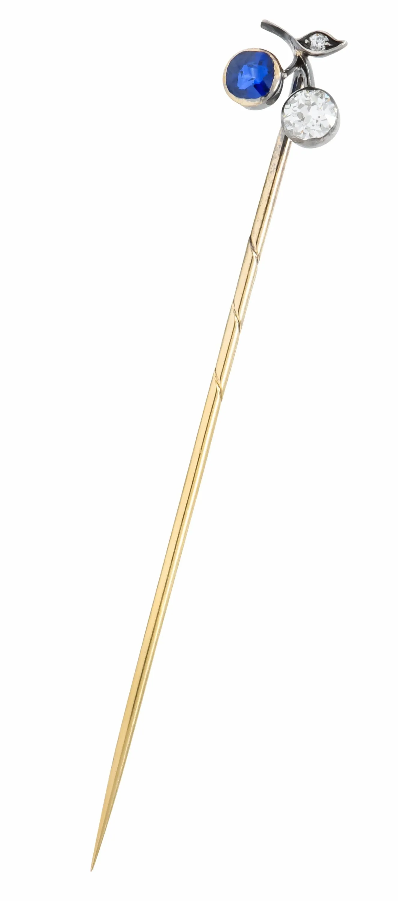 Edwardian Sapphire Diamond Platinum-Topped 14 Karat Gold Cherry Stickpin