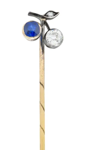 Edwardian Sapphire Diamond Platinum-Topped 14 Karat Gold Cherry Stickpin